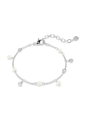 Zartes Silberarmband mit runden weißen Perlen und kleinen klaren Kristallen, die entlang einer feinen Kette verteilt sind, mit verstellbarem Verschluss.