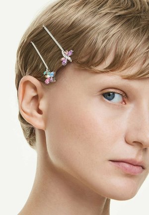 Blonde Person mit blauem Auge trägt zwei silberne Haarnadeln, die mit bunten, schmetterlingsförmigen Schmucksteinen nahe dem Ohr verziert sind.