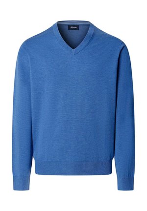 Heren trui met lange mouwen in blauw, met V-hals, geribbelde manchetten en zoom, effen gebreide stof, casual stijl.