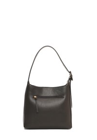 Czarna skórzana torba na ramię o gładkiej teksturze, zakrzywionym kształcie i przedniej kieszeni na zamek z dodatkiem frędzla. Regulowany pasek.