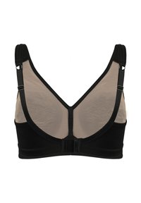 Czarny biustonosz z tyłem z siateczki, wyposażony w regulowane ramiączka i zapięcie na haftkę. Projekt obejmuje gładką tkaninę i sylwetkę w kształcie litery V.