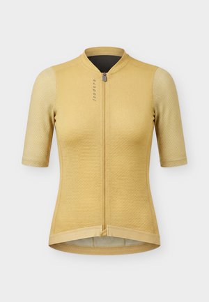 Rövid ujjú, világos sárga kerékpáros mez elülső cipzárral, texturált anyaggal az ujjakon és a testen, valamint márkafelirattal a gallér közelében.