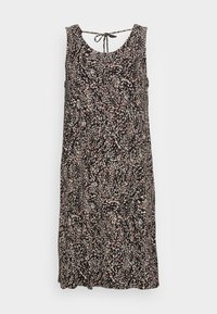 Czarna sukienka w kwiaty o bezrękawym kroju, z luźnym fasonem, zawiązywaniem z tyłu oraz wirującymi wzorami w odcieniach różu i jasnego niebieskiego.