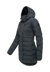 Chaqueta acolchada gris oscuro con capucha, con cierre de cremallera, puños elásticos y tejido texturizado. Incluye cordones ajustables.