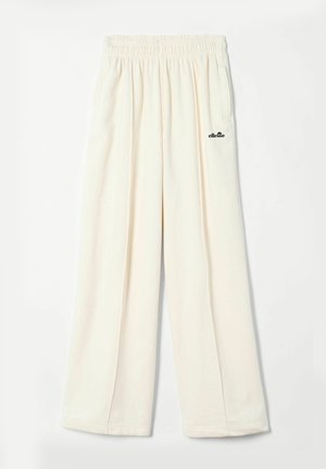 Roomse, crèmekleurige broek met elastische tailleband en zijzakken, met een klein zwart Ellesse-logo op de rechterdij.