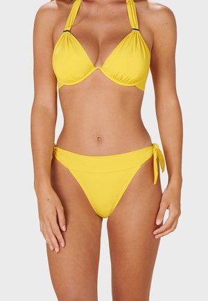 Yellow bikini set featuring a triangle top with halter straps and adjustable tie-side bottoms, made of smooth, stretchy fabric.