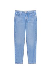 Světle modré džíny s uvolněným střihem, které mají pět kapes, poutka na pásek a zapínání na předním knoflíku. Povrch je hladký s mírným vyblednutím.