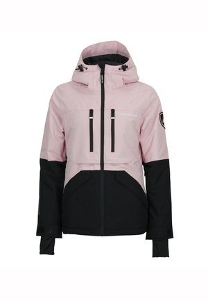Veste de ski rose et noire avec capuche, fermeture éclair, deux poches avant et poignets ajustables. Présente un logo sur la manche.