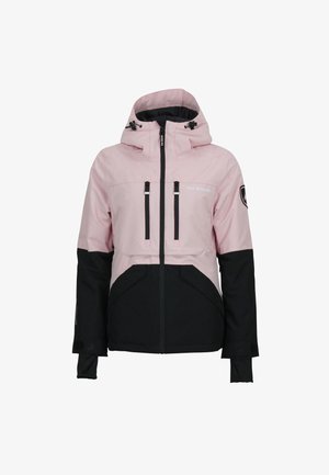 Pink and black ski jacket with a hood, zip closure, two front pockets, and adjustable cuffs. Features a logo on the sleeve.