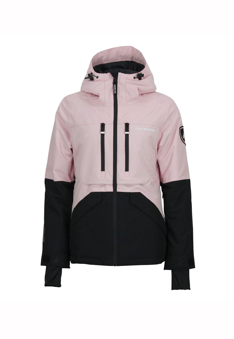 Roze en zwarte skijas met een capuchon, ritsluiting, twee voorzakken en verstelbare manchetten. Bevat een logo op de mouw.