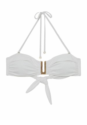 Valge bikini ülaosa bandeau-disainiga, millel on esiküljel kuldse tooniga detail ning reguleeritavad nöörid personaalseteks sättimiseks.