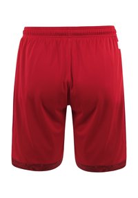 Rode atletische shorts met een elastische tailleband, een gladde textuur en een patroon aan de zoom. Ontworpen voor comfort en actief gebruik.