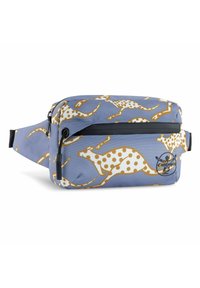 Bauchtasche aus strapazierfähigem Stoff in Hellblau mit einem Muster aus braunen Kangurus und weißen Punkten. Verfügt über einen schwarzen Reißverschluss und Logodetails.