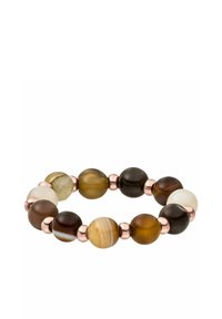 Rekbare armband met afwisselend ondoorzichtige en doorschijnende ronde kralen in bruin, tan en crème, gescheiden door koperkleurige metalen accenten.