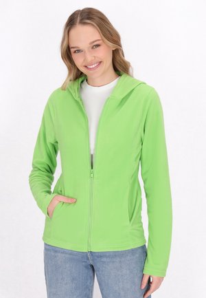 Vihreä fleece-kiinnityksellä varustettu takki, jossa on huppu, pitkät hihat ja sivutaskut. Kangas näyttää pehmeältä ja tekstuuriltaan mielenkiintoiselta.