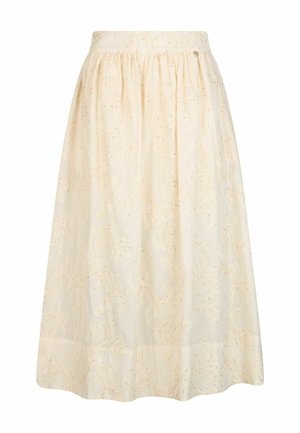 Jupe midi couleur crème avec taille froncée et délicats détails de broderie florale sur l'ensemble du tissu.