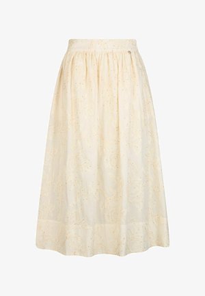 Midi-nederdel i cremefarve med elastisk taljebånd og diskret blomsterbroderi fordelt over hele stoffet.