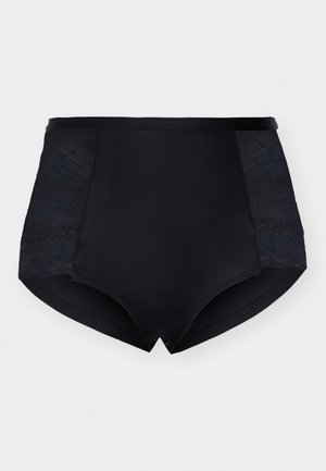 Zwarte high-waisted onderbroek met een gladde voorkant en bloemenkant accentueert de zijkanten, voorzien van een zachte tailleband en een aangesloten pasvorm.