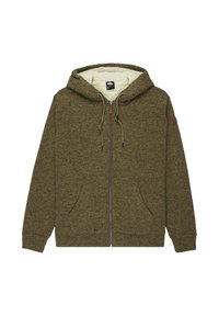 Olijfgroene zip-up hoodie heeft een fleece-gevoerde binnenkant, steekzakken, een trekkoordcapuchon en ribgebreide manchetten voor een perfecte pasvorm.