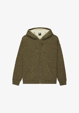 Olivovo zelená mikina na zips má fleece podšívku, klokanie vrecká, kapucňu so šnúrkou a rebrované manžety pre tesný strih.