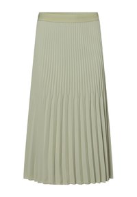 Gonna midi plissettata in tessuto verde chiaro, con una vita alta. La texture è liscia e presenta plissettature verticali uniformemente distanziate.