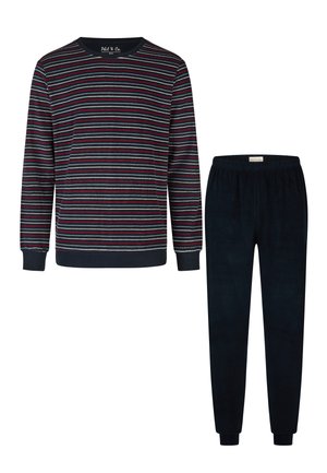 Long-sleeve crewneck shirt with red, white, and blue horizontal stripes paired with plain dark blue elastic waist pants.