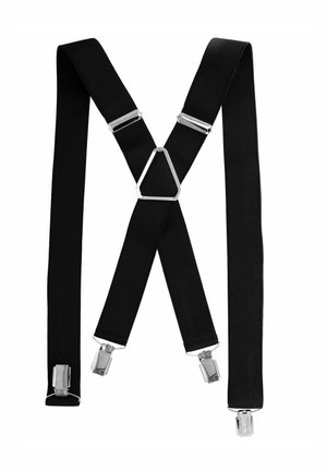 Schwarze elastische Hosenträger mit silbernen Metallclips. Sie verfügen über ein X-förmiges Design mit einem dreieckigen Anschluss in der Mitte.
