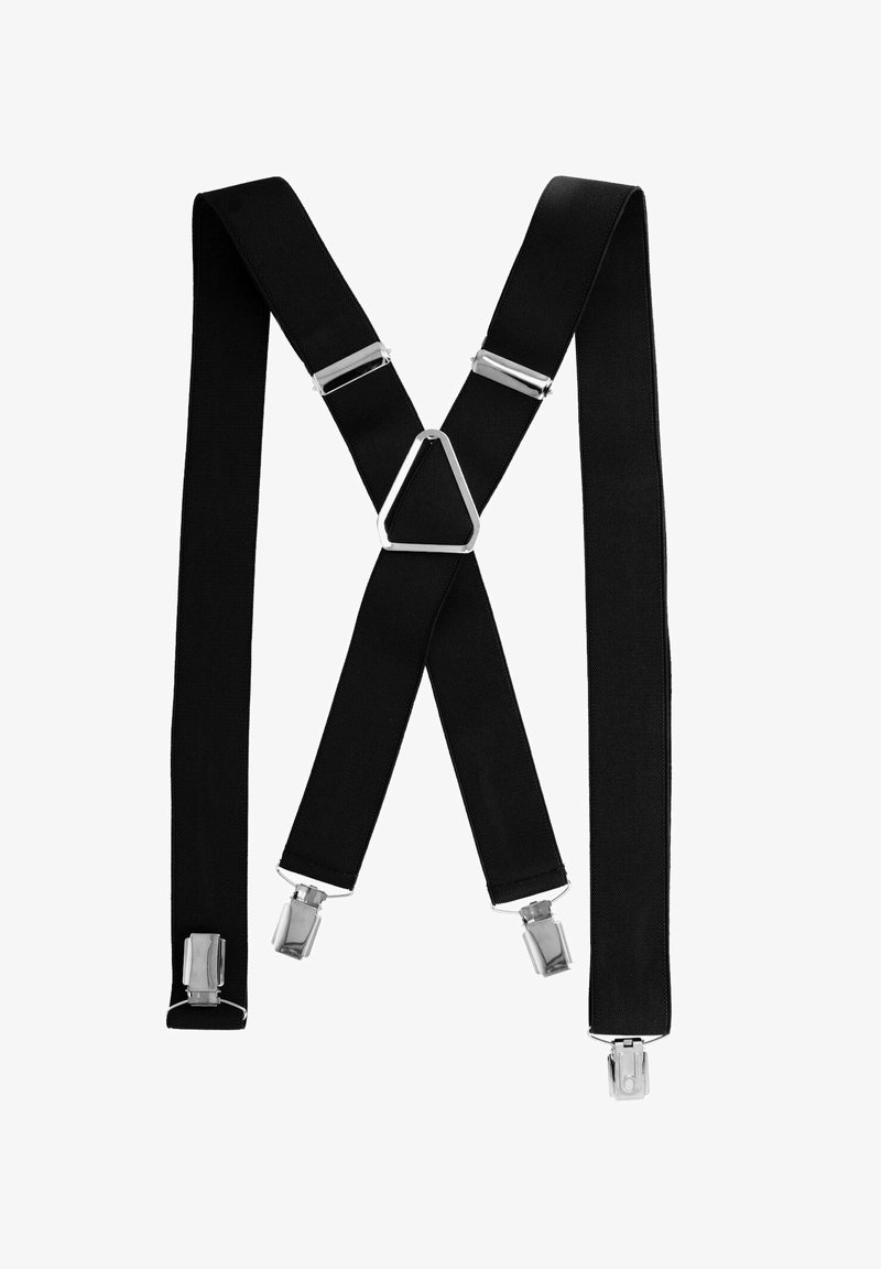 Schwarze elastische Hosenträger mit silbernen Metallclips. Sie verfügen über ein X-förmiges Design mit einem dreieckigen Anschluss in der Mitte.