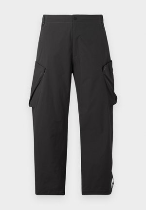 Black cargo pants with multiple side pockets and a relaxed fit, displayed against a plain white background.