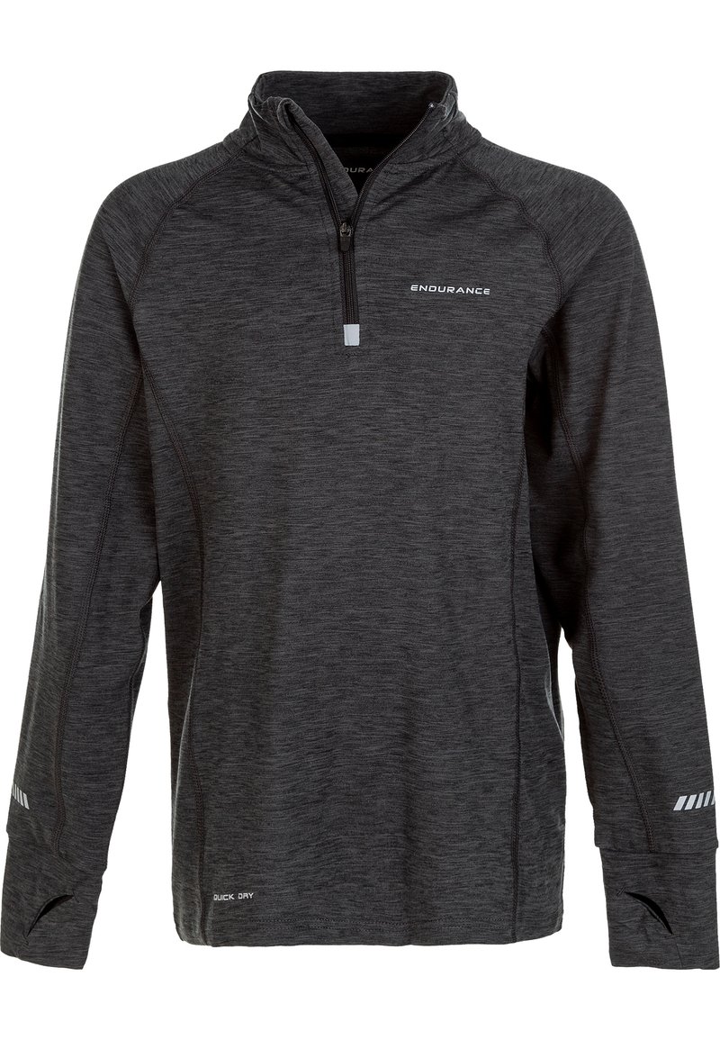 Zwarte lange mouwen quarter-zip pullover van vochtafvoerende stof. Bevat een subtiele gemêleerde textuur en reflecterende accenten.