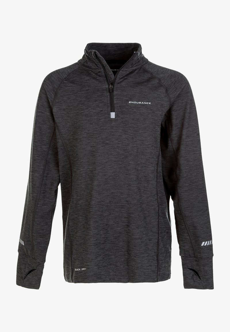 Schwarzer Langarm-Quarter-Zip-Pullover aus feuchtigkeitsableitendem Stoff. Mit subtiler melierter Textur und reflektierenden Akzenten.