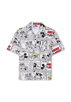 Korte mouw shirt met een witte achtergrond en zwart-wit stripontwerpen van Mickey Mouse, aangevuld met kleurrijke accenten.