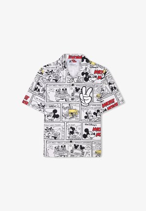 Korte mouw shirt met een witte achtergrond en zwart-wit stripontwerpen van Mickey Mouse, aangevuld met kleurrijke accenten.