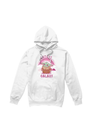 White hoodie featuring a cartoon green character in a brown coat under a pink rainbow with the text "Cutest in the Galaxy."