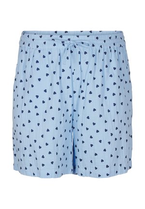Lichtblauwe shorts van zachte stof, met een patroon van kleine marineblauwe hartjes, een elastische tailleband en een trekkoord voor een verstelbare pasvorm.