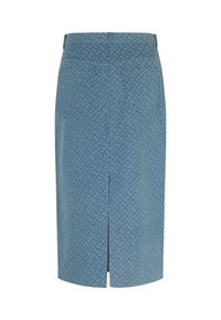 Une jupe crayon bleue, arrivant aux genoux, avec un motif subtil et répétitif, dotée d'une fente à l'arrière et d'une taille ajustée. Fabriquée en tissu texturé.