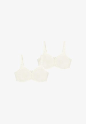Due reggiseni color crema con finitura liscia, motivo floreale, spalline regolabili e chiusura standard a gancio sul retro.