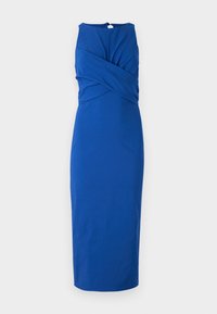 Blå figursydd klänning med draperad bodice, korskorsdesign och knälång kjol. Avslutad med knappstängning bak. Slät textur.