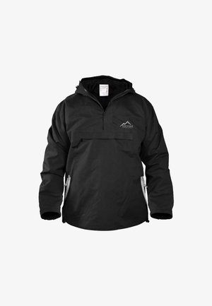 Schwarze Pulloverjacke mit Kapuze, ausgestattet mit einem Viertelreißverschluss vorne, einer Vordertasche und seitlichen Reißverschlüssen. Hergestellt aus strapazierfähigem, wetterbeständigem Material.