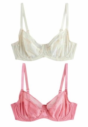 Two underwire bras, one sheer cream with small white floral embroidery, one sheer pink with matching floral embroidery, both with adjustable straps.