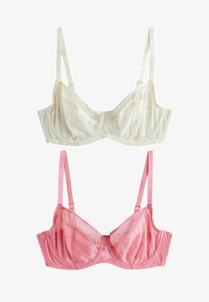 Két merevítős melltartó, az egyik áttetsző krémszínű, kis fehér virágos hímzéssel, a másik áttetsző rózsaszín, hozzáillő virágos hímzéssel, mindkettő állítható pánttal.