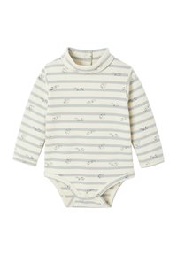 Langärmliger Body in Beige mit hellgrauen Streifen. Mit kleinen bedruckten Tieren und einem umschlagbaren Hals mit Druckknopfverschluss am Boden.