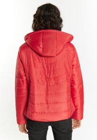 Giacca a vento rossa con cappuccio, caratterizzata da un design trapuntato e una texture liscia. La vista dal retro mostra cuciture orizzontali e un fondo leggermente arrotondato.