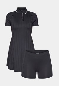 Must mustriba polo kleit lühikeste varrukatega ja valge äärega, kombineeritud mustade treeningpükstega, millel on sujuv disain ja vormiv kuju.