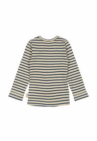 Gestreiftes Langarmshirt in Creme und Marineblau. Gerippte Textur mit rundem Ausschnitt und geradem Saum. Mit einem Etikett an der Seitennaht.