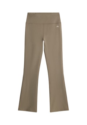 Brown high-waist fitted pants with slight flare, featuring a small white logo on the right hip, displayed on a white background.