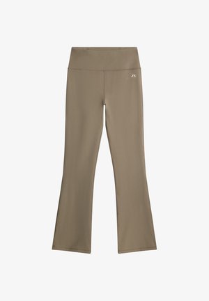 Brown high-waist fitted pants with slight flare, featuring a small white logo on the right hip, displayed on a white background.