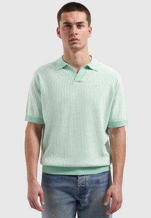 Junger Mann trägt ein mintgrünes, strukturiertes Kurzarm-Poloshirt mit V-Ausschnitt und hellblaue Jeans, steht vor einem einfarbigen Hintergrund.