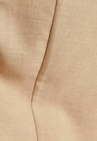 Tissu beige à texture lisse, présentant un léger éclat et un tissage diagonal. Comprend un détail de couture discret sur la gauche.