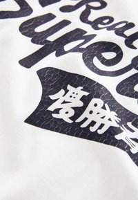 Närbild av sprucken svart tryckt text och asiatiska tecken på vitt tyg, som visar textur och detaljer i det slitna mönstret.